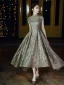 Haute Basse Gris Doré Dansant Robe De Bal 2020 Princesse Col Haut Manches Courtes Appliques En Dentelle Perlage Glitter Tulle Ceinture Asymétrique Volants Dos Nu Robe De Ceremonie