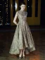 Haute Basse Gris Doré Dansant Robe De Bal 2020 Princesse Col Haut Manches Courtes Appliques En Dentelle Perlage Glitter Tulle Ceinture Asymétrique Volants Dos Nu Robe De Ceremonie