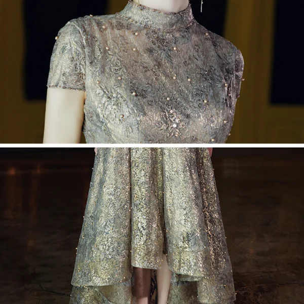Haute Basse Gris Doré Dansant Robe De Bal 2020 Princesse Col Haut Manches Courtes Appliques En Dentelle Perlage Glitter Tulle Ceinture Asymétrique Volants Dos Nu Robe De Ceremonie