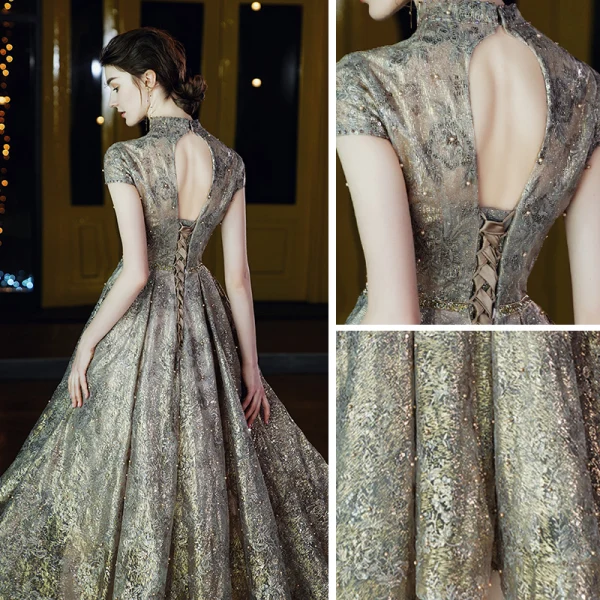 Haute Basse Gris Doré Dansant Robe De Bal 2020 Princesse Col Haut Manches Courtes Appliques En Dentelle Perlage Glitter Tulle Ceinture Asymétrique Volants Dos Nu Robe De Ceremonie