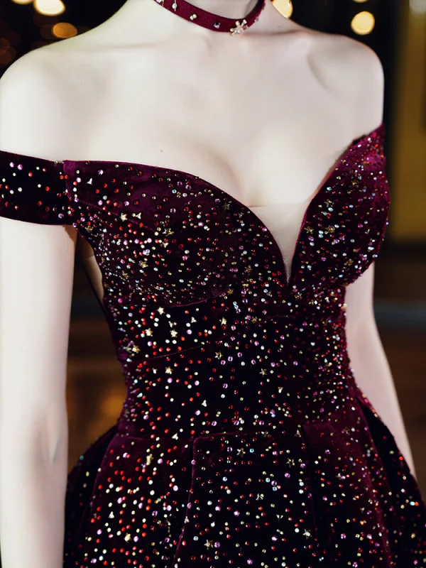 Chic / Belle Bordeaux Velour Robe De Bal 2020 Princesse De l'épaule Manches Courtes Faux Diamant Thé Longueur Volants Dos Nu Robe De Ceremonie