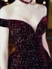 Chic / Beautiful Burgundy Velour Prom Dresses 2020 A-Line / Princess Off-The-Shoulder Short Sleeve Rhinestone Tea-length Ruffle Backless Formal Dresses