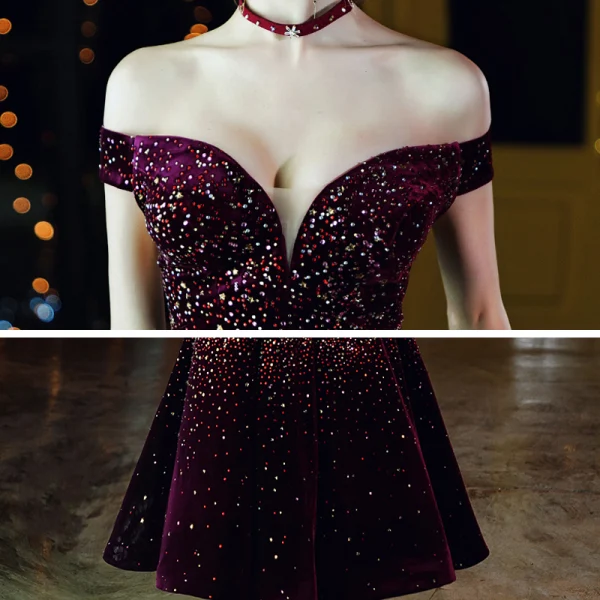 Chic / Belle Bordeaux Velour Robe De Bal 2020 Princesse De l'épaule Manches Courtes Faux Diamant Thé Longueur Volants Dos Nu Robe De Ceremonie