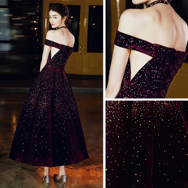 Chic / Belle Bordeaux Velour Robe De Bal 2020 Princesse De l'épaule Manches Courtes Faux Diamant Thé Longueur Volants Dos Nu Robe De Ceremonie
