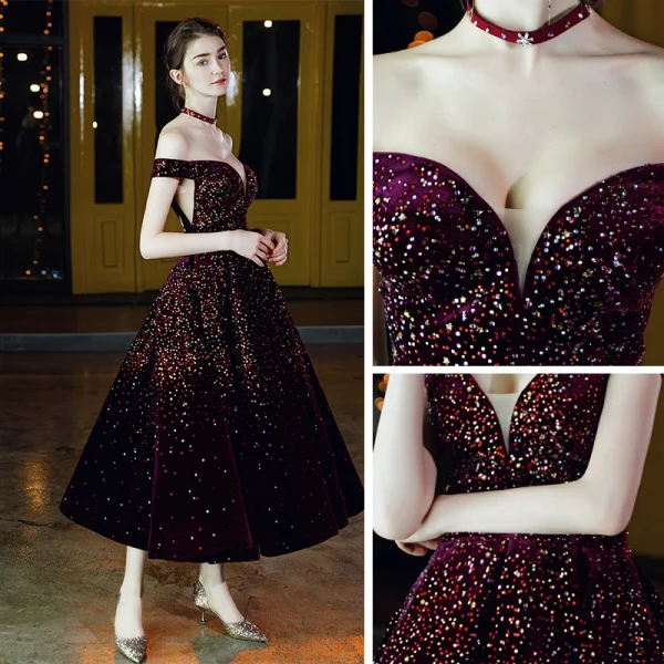 Chic / Belle Bordeaux Velour Robe De Bal 2020 Princesse De l'épaule Manches Courtes Faux Diamant Thé Longueur Volants Dos Nu Robe De Ceremonie