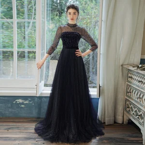 Élégant Bleu Marine Transparentes Robe De Soirée 2020 Princesse Col Haut 3 4 Manches Ceinture Faux Diamant Glitter Tulle Train De Balayage Volants Dos Nu