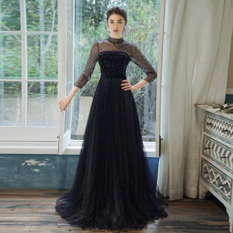 Élégant Bleu Marine Transparentes Robe De Soirée 2020 Princesse Col Haut 3 4 Manches Ceinture Faux Diamant Glitter Tulle Train De Balayage Volants Dos Nu