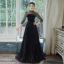 Élégant Bleu Marine Transparentes Robe De Soirée 2020 Princesse Col Haut 3/4 Manches Ceinture Faux Diamant Glitter Tulle Train De Balayage Volants Dos Nu