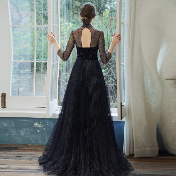 Élégant Bleu Marine Transparentes Robe De Soirée 2020 Princesse Col Haut 3/4 Manches Ceinture Faux Diamant Glitter Tulle Train De Balayage Volants Dos Nu