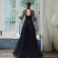 Élégant Bleu Marine Transparentes Robe De Soirée 2020 Princesse Col Haut 3/4 Manches Ceinture Faux Diamant Glitter Tulle Train De Balayage Volants Dos Nu