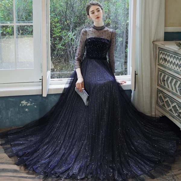 Élégant Bleu Marine Transparentes Robe De Soirée 2020 Princesse Col Haut 3/4 Manches Ceinture Faux Diamant Glitter Tulle Train De Balayage Volants Dos Nu