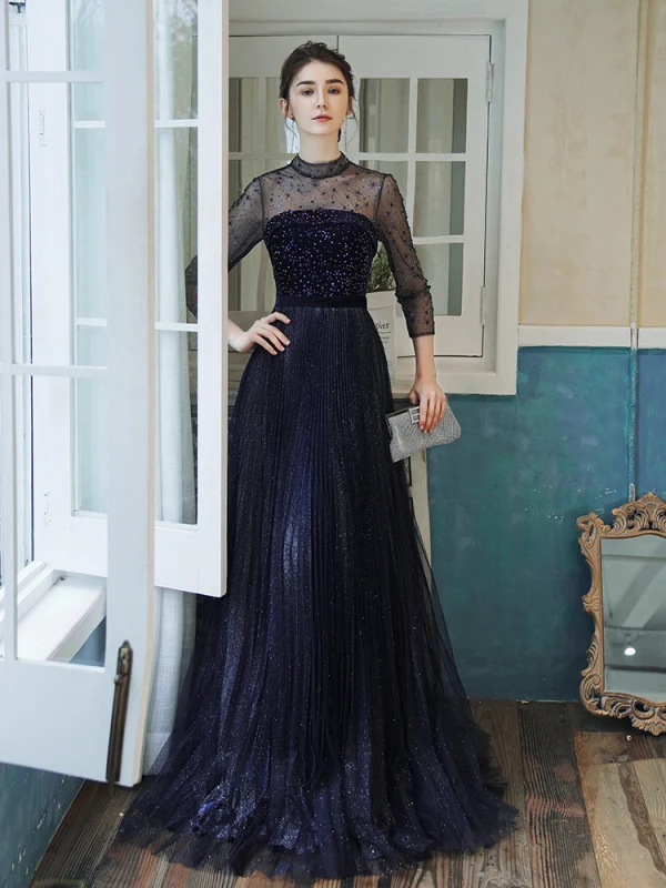 Élégant Bleu Marine Transparentes Robe De Soirée 2020 Princesse Col Haut 3/4 Manches Ceinture Faux Diamant Glitter Tulle Train De Balayage Volants Dos Nu