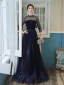 Élégant Bleu Marine Transparentes Robe De Soirée 2020 Princesse Col Haut 3/4 Manches Ceinture Faux Diamant Glitter Tulle Train De Balayage Volants Dos Nu