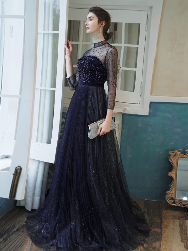 Élégant Bleu Marine Transparentes Robe De Soirée 2020 Princesse Col Haut 3/4 Manches Ceinture Faux Diamant Glitter Tulle Train De Balayage Volants Dos Nu