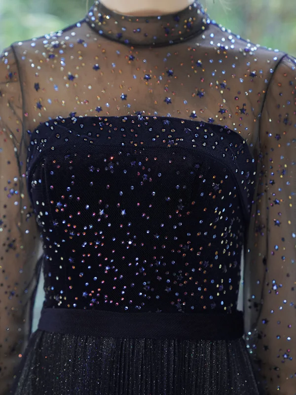 Élégant Bleu Marine Transparentes Robe De Soirée 2020 Princesse Col Haut 3/4 Manches Ceinture Faux Diamant Glitter Tulle Train De Balayage Volants Dos Nu