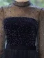 Élégant Bleu Marine Transparentes Robe De Soirée 2020 Princesse Col Haut 3/4 Manches Ceinture Faux Diamant Glitter Tulle Train De Balayage Volants Dos Nu