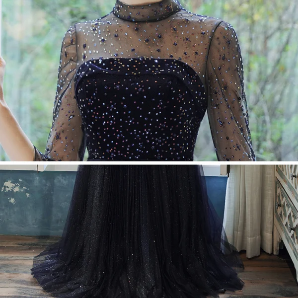 Élégant Bleu Marine Transparentes Robe De Soirée 2020 Princesse Col Haut 3/4 Manches Ceinture Faux Diamant Glitter Tulle Train De Balayage Volants Dos Nu