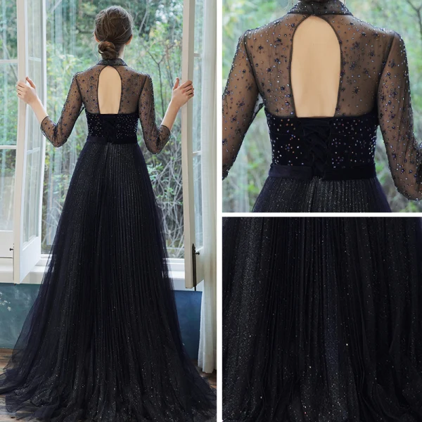 Élégant Bleu Marine Transparentes Robe De Soirée 2020 Princesse Col Haut 3/4 Manches Ceinture Faux Diamant Glitter Tulle Train De Balayage Volants Dos Nu
