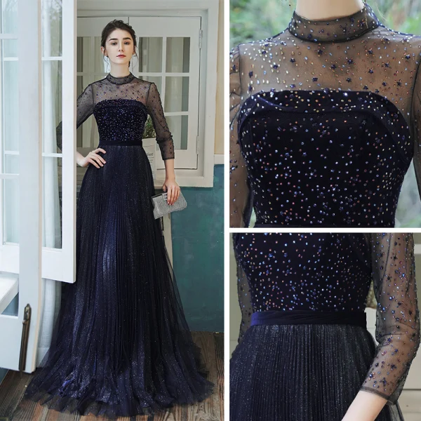 Élégant Bleu Marine Transparentes Robe De Soirée 2020 Princesse Col Haut 3/4 Manches Ceinture Faux Diamant Glitter Tulle Train De Balayage Volants Dos Nu