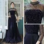 Élégant Bleu Marine Transparentes Robe De Soirée 2020 Princesse Col Haut 3/4 Manches Ceinture Faux Diamant Glitter Tulle Train De Balayage Volants Dos Nu