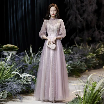 Victorian Style Blushing Pink See Through Evening Dresses 2020 A Line Princess High Neck Puffy 3 4 Sleeve Appliques Lace Beading Sequins Floor Length Long Ruffle Backless Formal Dresses