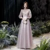 Victorian Style Blushing Pink See-through Evening Dresses  2020 A-Line / Princess High Neck Puffy 3/4 Sleeve Appliques Lace Beading Sequins Floor-Length / Long Ruffle Backless Formal Dresses