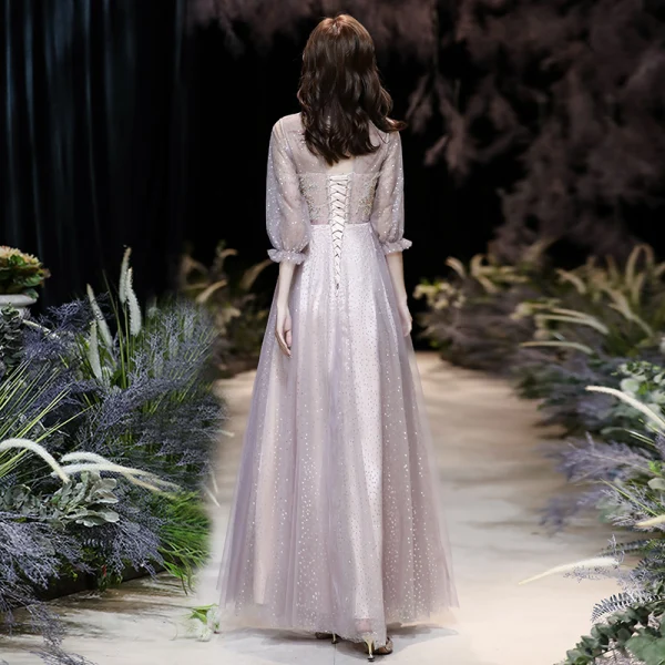 Victorian Style Blushing Pink See-through Evening Dresses  2020 A-Line / Princess High Neck Puffy 3/4 Sleeve Appliques Lace Beading Sequins Floor-Length / Long Ruffle Backless Formal Dresses
