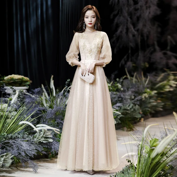 Victorian Style Blushing Pink See-through Evening Dresses  2020 A-Line / Princess High Neck Puffy 3/4 Sleeve Appliques Lace Beading Sequins Floor-Length / Long Ruffle Backless Formal Dresses