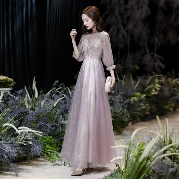 Victorian Style Blushing Pink See-through Evening Dresses  2020 A-Line / Princess High Neck Puffy 3/4 Sleeve Appliques Lace Beading Sequins Floor-Length / Long Ruffle Backless Formal Dresses