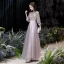 Victorian Style Blushing Pink See-through Evening Dresses  2020 A-Line / Princess High Neck Puffy 3/4 Sleeve Appliques Lace Beading Sequins Floor-Length / Long Ruffle Backless Formal Dresses