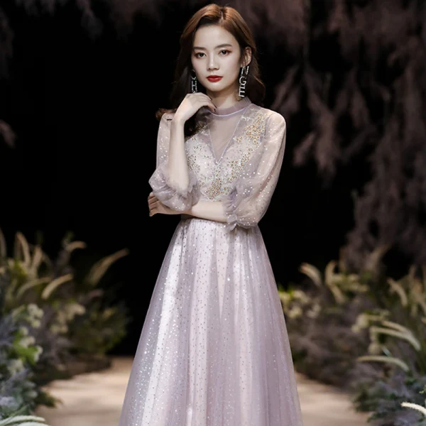 Victorian Style Blushing Pink See-through Evening Dresses  2020 A-Line / Princess High Neck Puffy 3/4 Sleeve Appliques Lace Beading Sequins Floor-Length / Long Ruffle Backless Formal Dresses