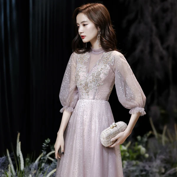 Victorian Style Blushing Pink See-through Evening Dresses  2020 A-Line / Princess High Neck Puffy 3/4 Sleeve Appliques Lace Beading Sequins Floor-Length / Long Ruffle Backless Formal Dresses