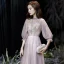Victorian Style Blushing Pink See-through Evening Dresses  2020 A-Line / Princess High Neck Puffy 3/4 Sleeve Appliques Lace Beading Sequins Floor-Length / Long Ruffle Backless Formal Dresses