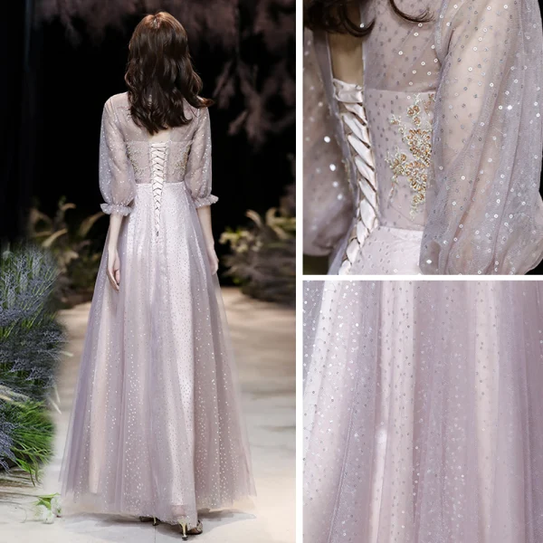 Victorian Style Blushing Pink See-through Evening Dresses  2020 A-Line / Princess High Neck Puffy 3/4 Sleeve Appliques Lace Beading Sequins Floor-Length / Long Ruffle Backless Formal Dresses