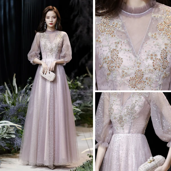 Victorian Style Blushing Pink See-through Evening Dresses  2020 A-Line / Princess High Neck Puffy 3/4 Sleeve Appliques Lace Beading Sequins Floor-Length / Long Ruffle Backless Formal Dresses