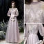 Victorian Style Blushing Pink See-through Evening Dresses  2020 A-Line / Princess High Neck Puffy 3/4 Sleeve Appliques Lace Beading Sequins Floor-Length / Long Ruffle Backless Formal Dresses
