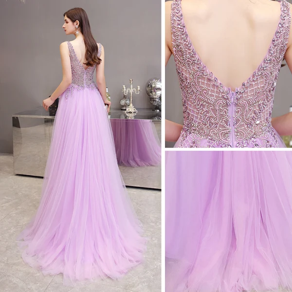 High End Lavendel Abendkleider 2020 A Linie Durchsichtige Tiefer V-Ausschnitt Ärmellos Perlenstickerei Hof-Schleppe Rüschen Rückenfreies Festliche Kleider