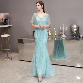 High End Mint Green Evening Dresses 2020 Trumpet Mermaid V Neck 1 2 Sleeves Sash Rhinestone Beading Floor Length Long Ruffle Formal Dresses