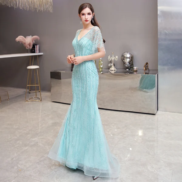 High-end Mint Green Evening Dresses 2020 Trumpet / Mermaid V-Neck 1/2 Sleeves Sash Rhinestone Beading Floor-Length / Long Ruffle Formal Dresses