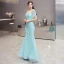 High-end Mint Green Evening Dresses  2020 Trumpet / Mermaid V-Neck 1/2 Sleeves Sash Rhinestone Beading Floor-Length / Long Ruffle Formal Dresses