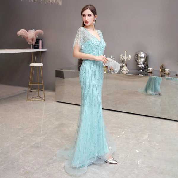 High-end Mint Green Evening Dresses 2020 Trumpet / Mermaid V-Neck 1/2 Sleeves Sash Rhinestone Beading Floor-Length / Long Ruffle Formal Dresses