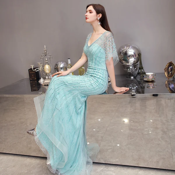 High-end Mint Green Evening Dresses 2020 Trumpet / Mermaid V-Neck 1/2 Sleeves Sash Rhinestone Beading Floor-Length / Long Ruffle Formal Dresses
