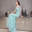 High-end Mint Green Evening Dresses  2020 Trumpet / Mermaid V-Neck 1/2 Sleeves Sash Rhinestone Beading Floor-Length / Long Ruffle Formal Dresses