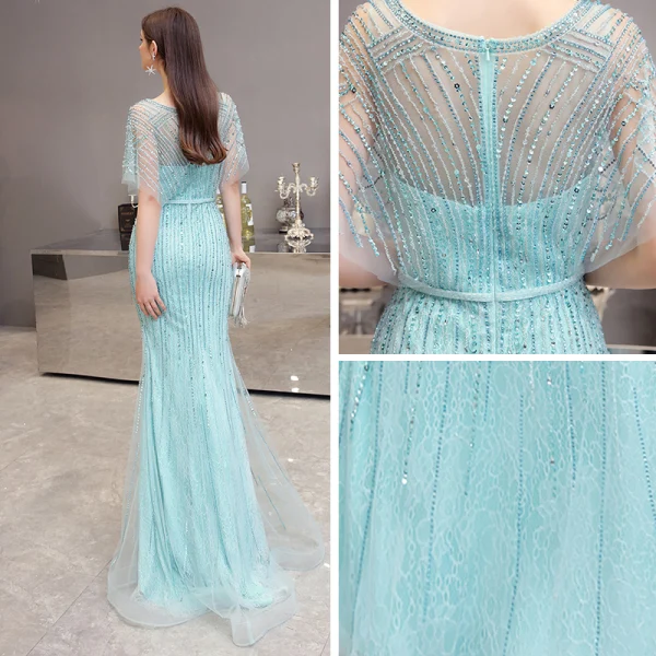 High-end Mint Green Evening Dresses 2020 Trumpet / Mermaid V-Neck 1/2 Sleeves Sash Rhinestone Beading Floor-Length / Long Ruffle Formal Dresses