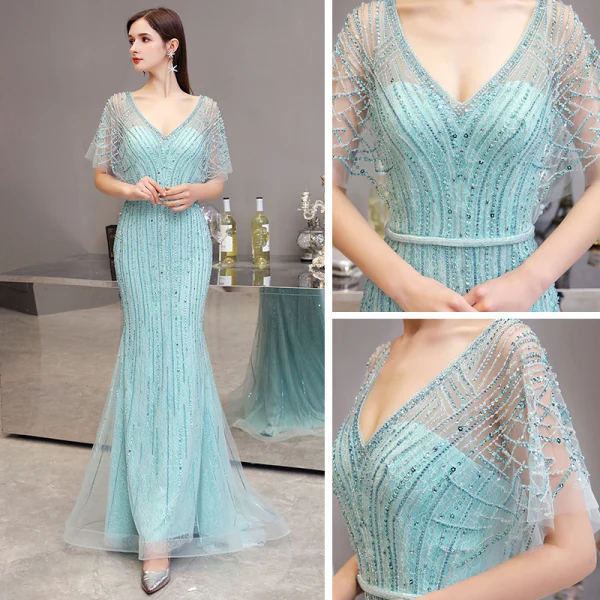 High-end Mint Green Evening Dresses 2020 Trumpet / Mermaid V-Neck 1/2 Sleeves Sash Rhinestone Beading Floor-Length / Long Ruffle Formal Dresses