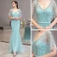High-end Mint Green Evening Dresses  2020 Trumpet / Mermaid V-Neck 1/2 Sleeves Sash Rhinestone Beading Floor-Length / Long Ruffle Formal Dresses