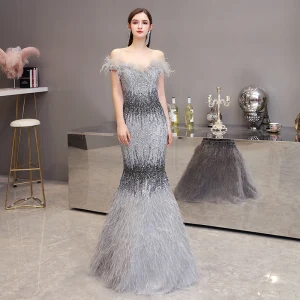 Luxury Gorgeous Grey Evening Dresses 2020 Trumpet Mermaid Off The Shoulder Short Sleeve Feather Beading Floor Length Long Ruffle Backless Formal Dresses
