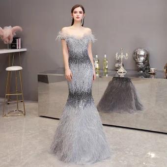 Luxury Gorgeous Grey Evening Dresses 2020 Trumpet Mermaid Off The Shoulder Short Sleeve Feather Beading Floor Length Long Ruffle Backless Formal Dresses