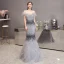 Luxury / Gorgeous Grey Evening Dresses  2020 Trumpet / Mermaid Off-The-Shoulder Short Sleeve Feather Beading Floor-Length / Long Ruffle Backless Formal Dresses