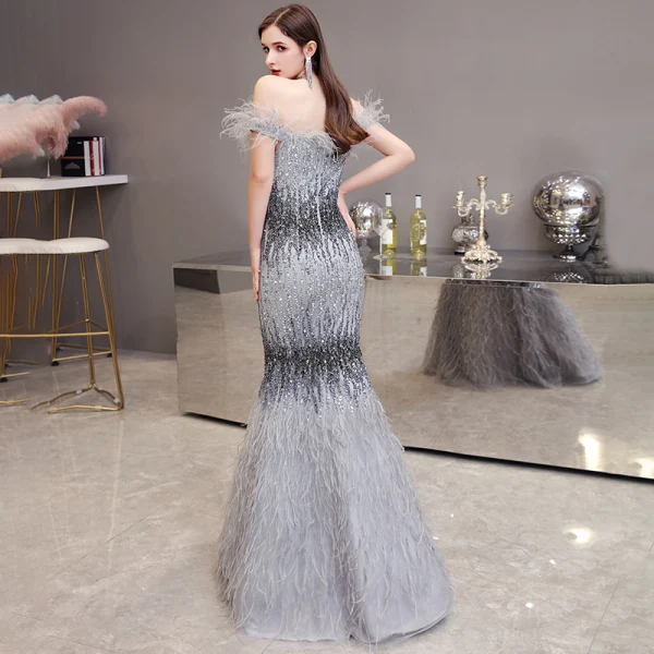 Luxury / Gorgeous Grey Evening Dresses 2020 Trumpet / Mermaid Off-The-Shoulder Short Sleeve Feather Beading Floor-Length / Long Ruffle Backless Formal Dresses